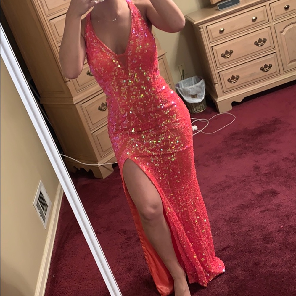 Coral Sequin Prom Dress